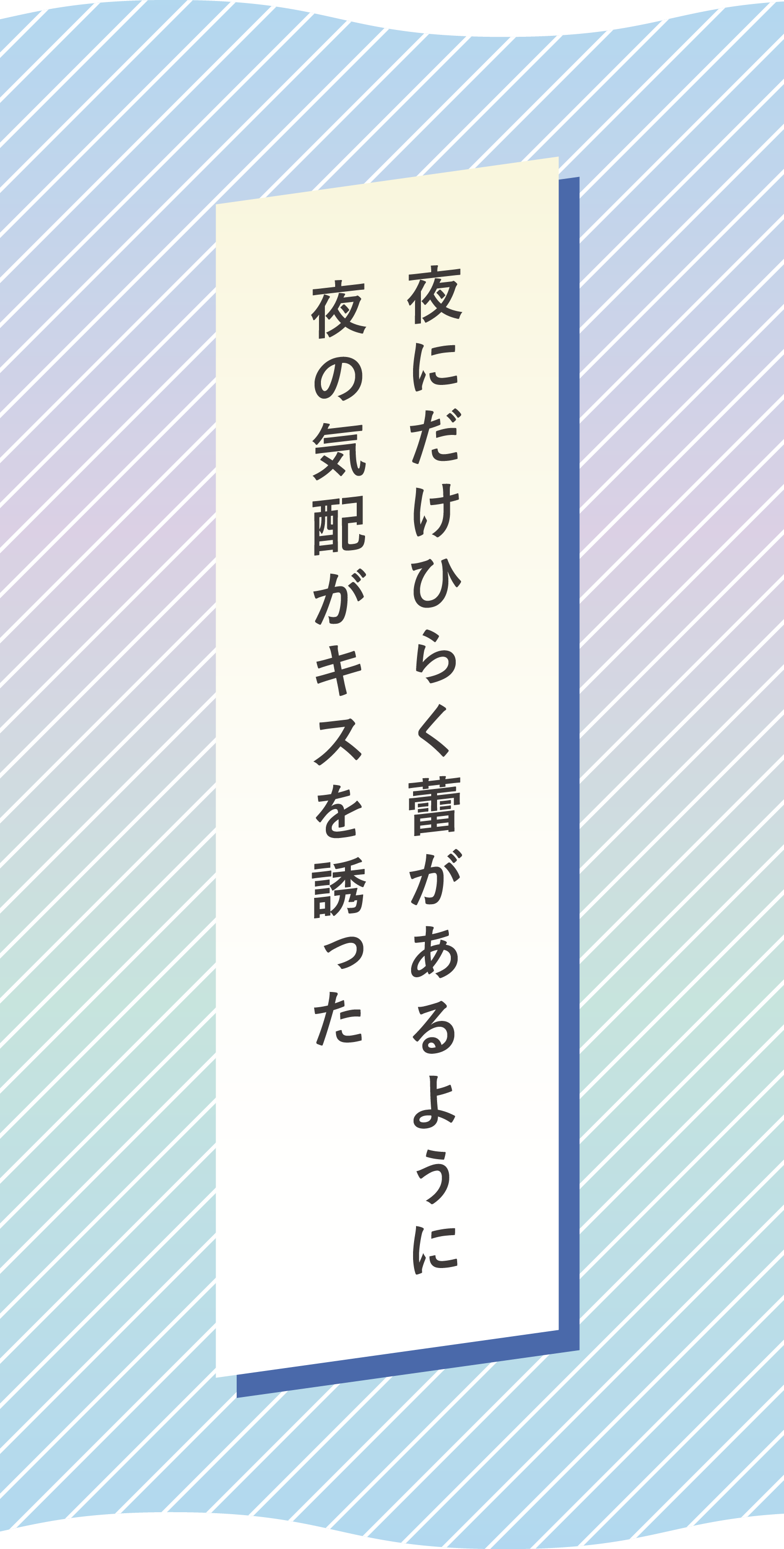 夜にだけひらく蕾があるように 夜の気配がキスを誘った<br />
